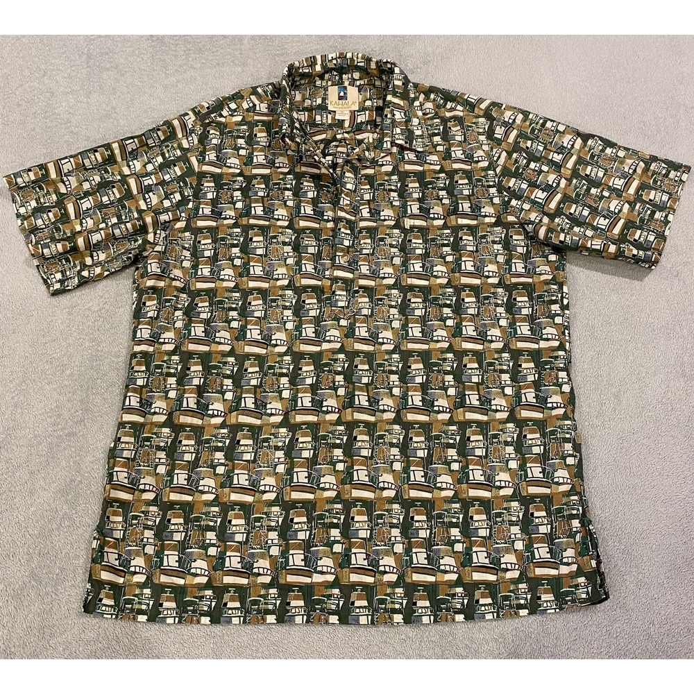 KAHALA OF HONOLULU HAWAII Geometric Print Boats Cotton Hawaiian Shirt XL EUC
